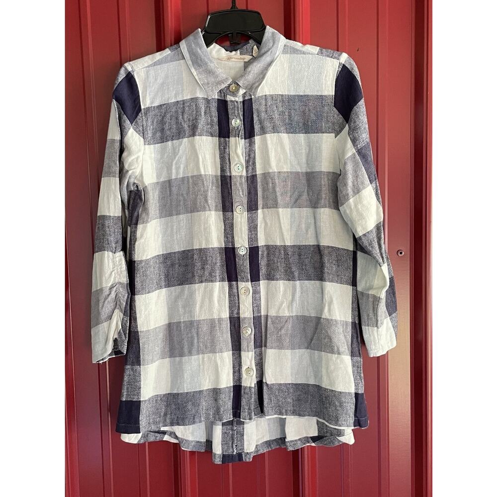Soft Surroundings Top Linen Blend Plaid Button Up Zip Back Womens Medium